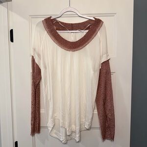 Free People Cream Long Sleeve Top with Dusty Rose Trim
